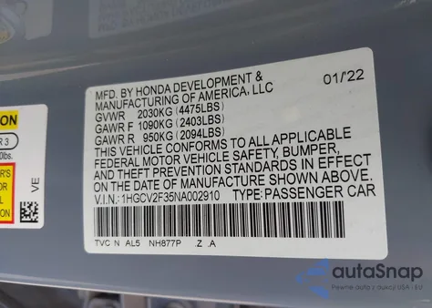 2022 Honda Accord Sport 2.0T из США, поврежденный, VIN 1HGCV2F35NA002910